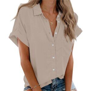 Women's Apricot Short Sleeve Shirts V Neck Collared Button Down Shirt Tops